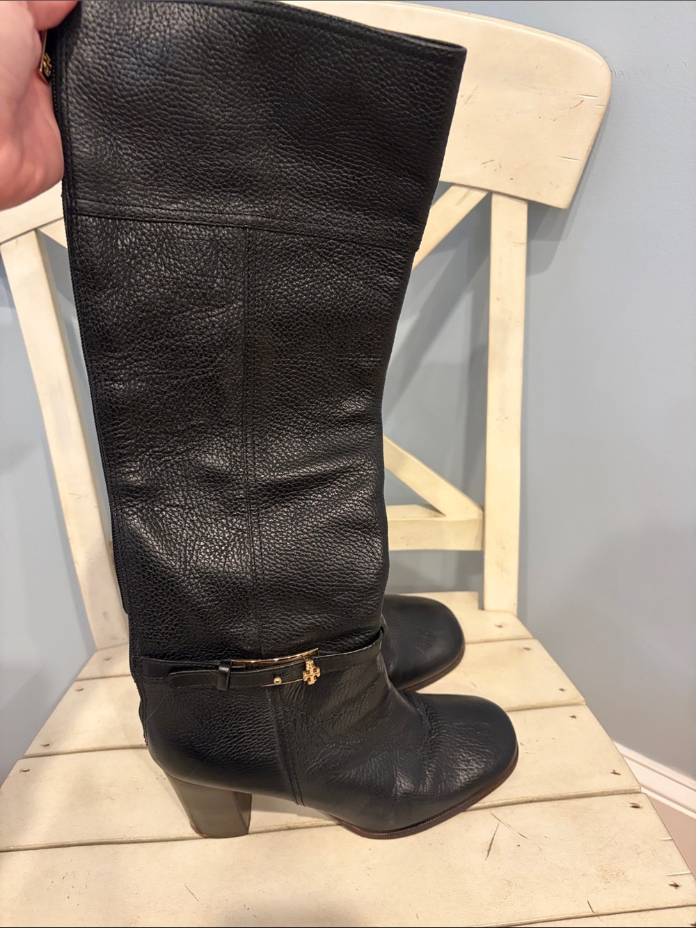 Tory Burch Black Leather Mid-Calf Riding Boots with Gold Accent